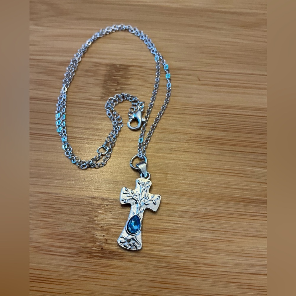 Cross Pendant Necklace with Blue faux Gemstone, 22” NWOT